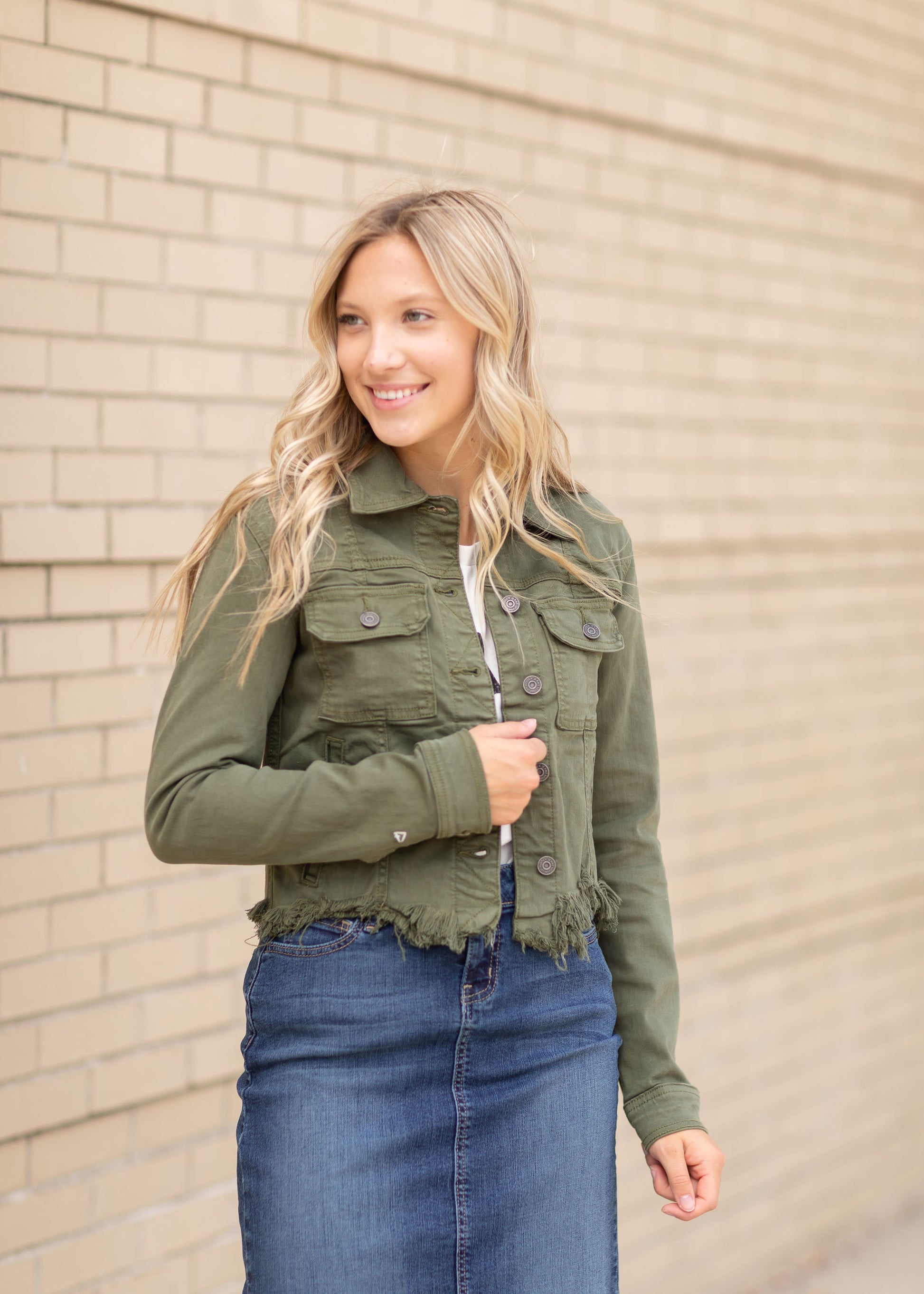 Frayed Hem Olive Button Up Jean Jacket Tops