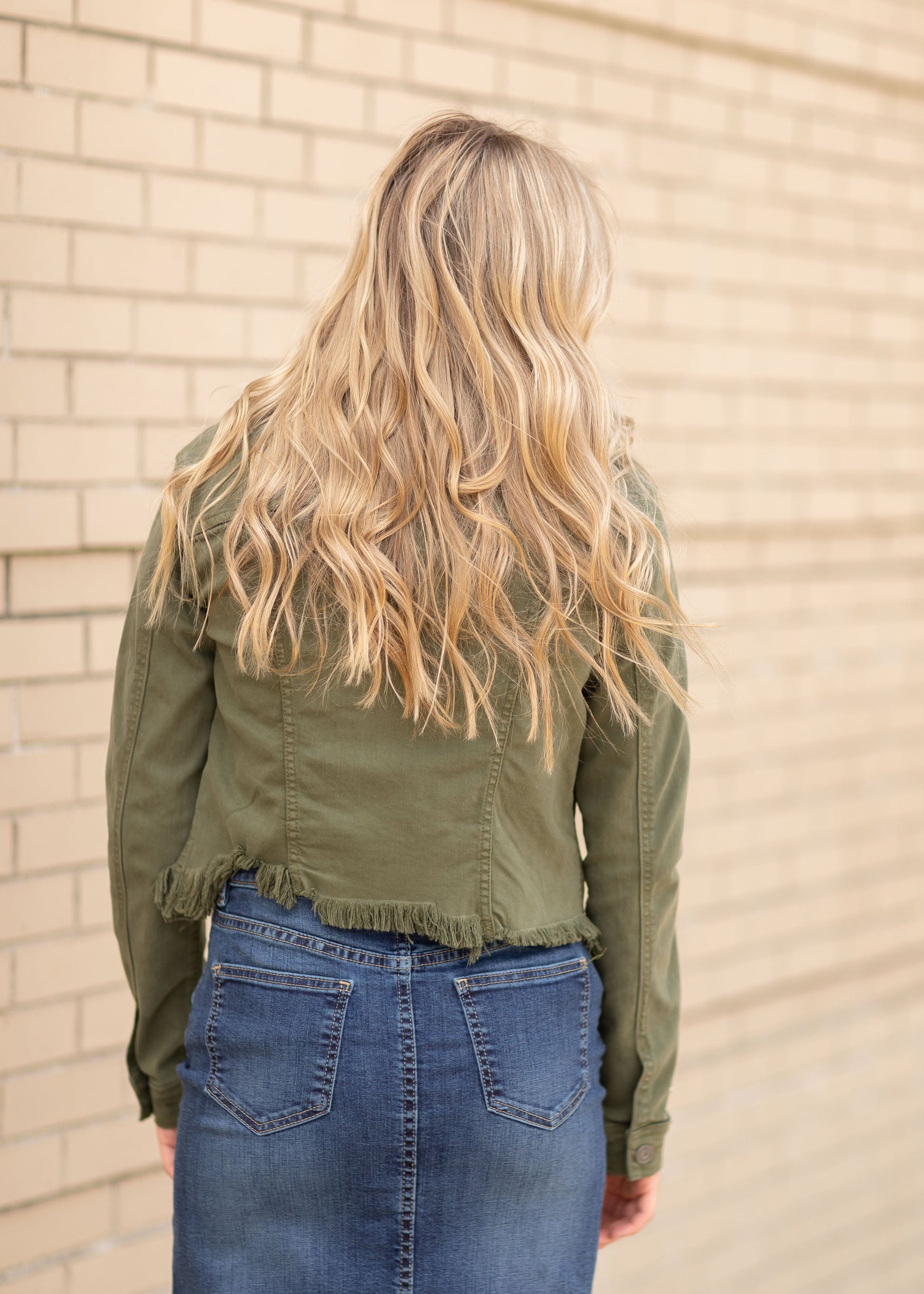 Frayed Hem Olive Button Up Jean Jacket Tops