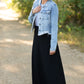 Frayed Light Wash Denim Jean Jacket with brass front buttons, a classic collar and a frayed hem.
