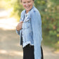 Frayed Light Wash Denim Jean Jacket with brass front buttons, a classic collar and a frayed hem.