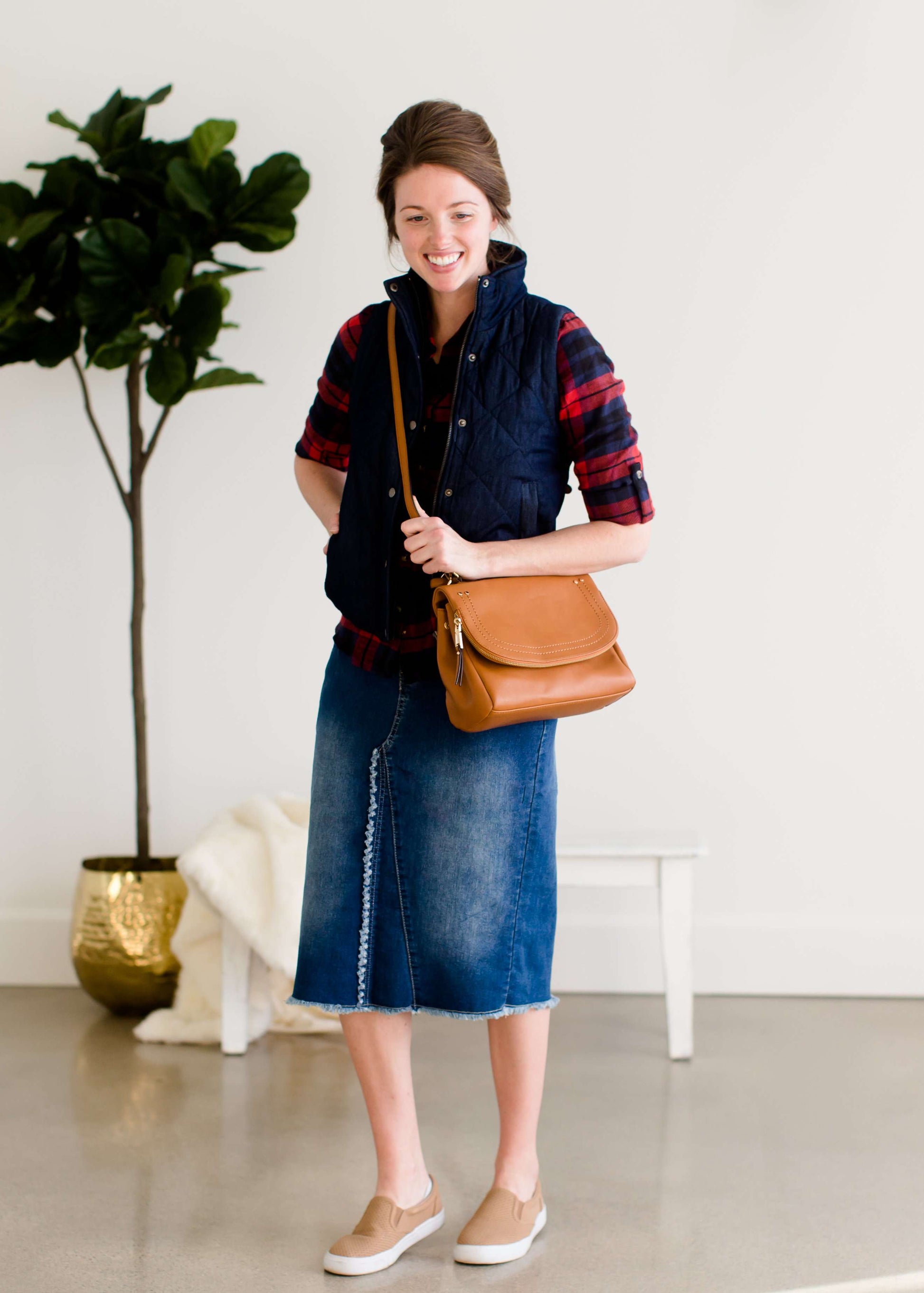 Fringe Front Denim Midi Skirt Skirts