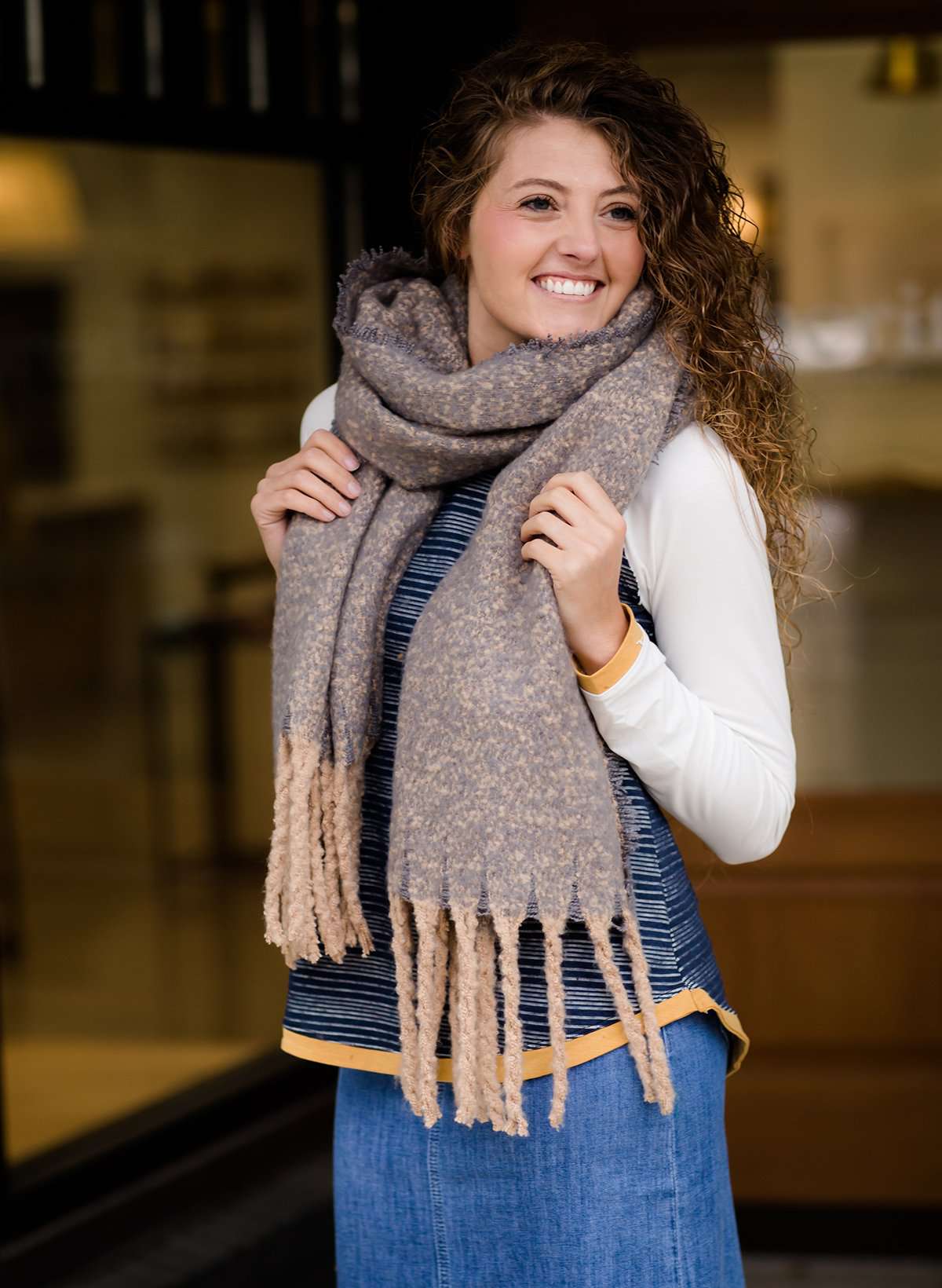 Women's modest fringe taupe scarf