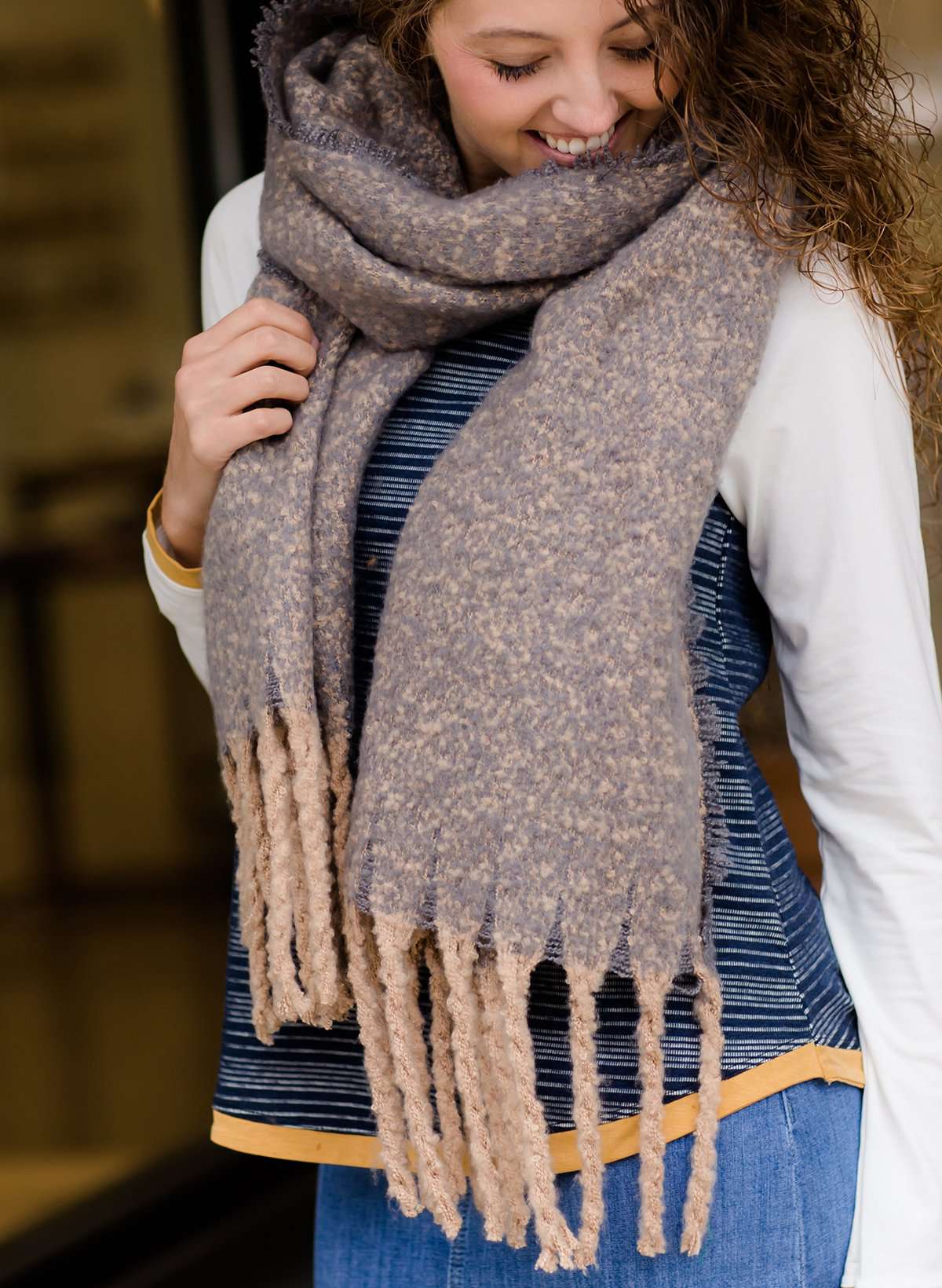 Women's modest fringe taupe scarf