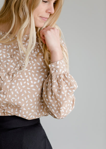 Front Ruffle Button Up Print Top - FINAL SALE Tops