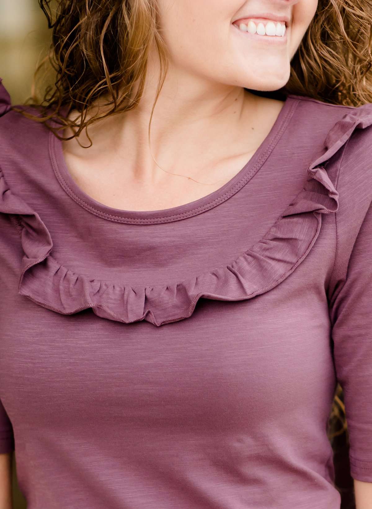 Modest women's affordable ruffle half sleeve top in plum or white