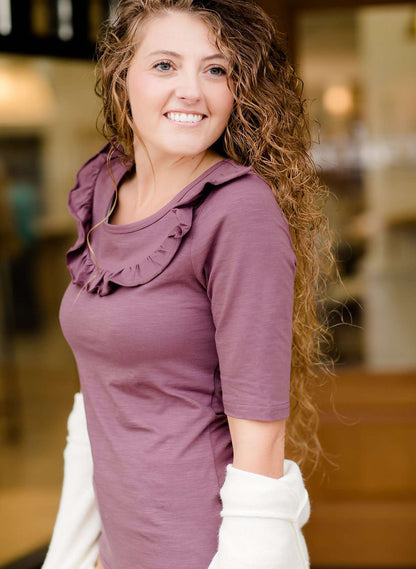 Modest women's affordable ruffle half sleeve top in plum or white