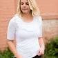 Modest women's affordable ruffle half sleeve top in plum or white