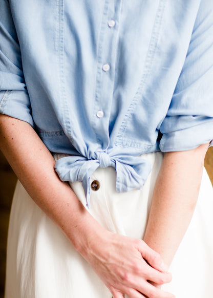 Modest Front Tie Chambray Top 
