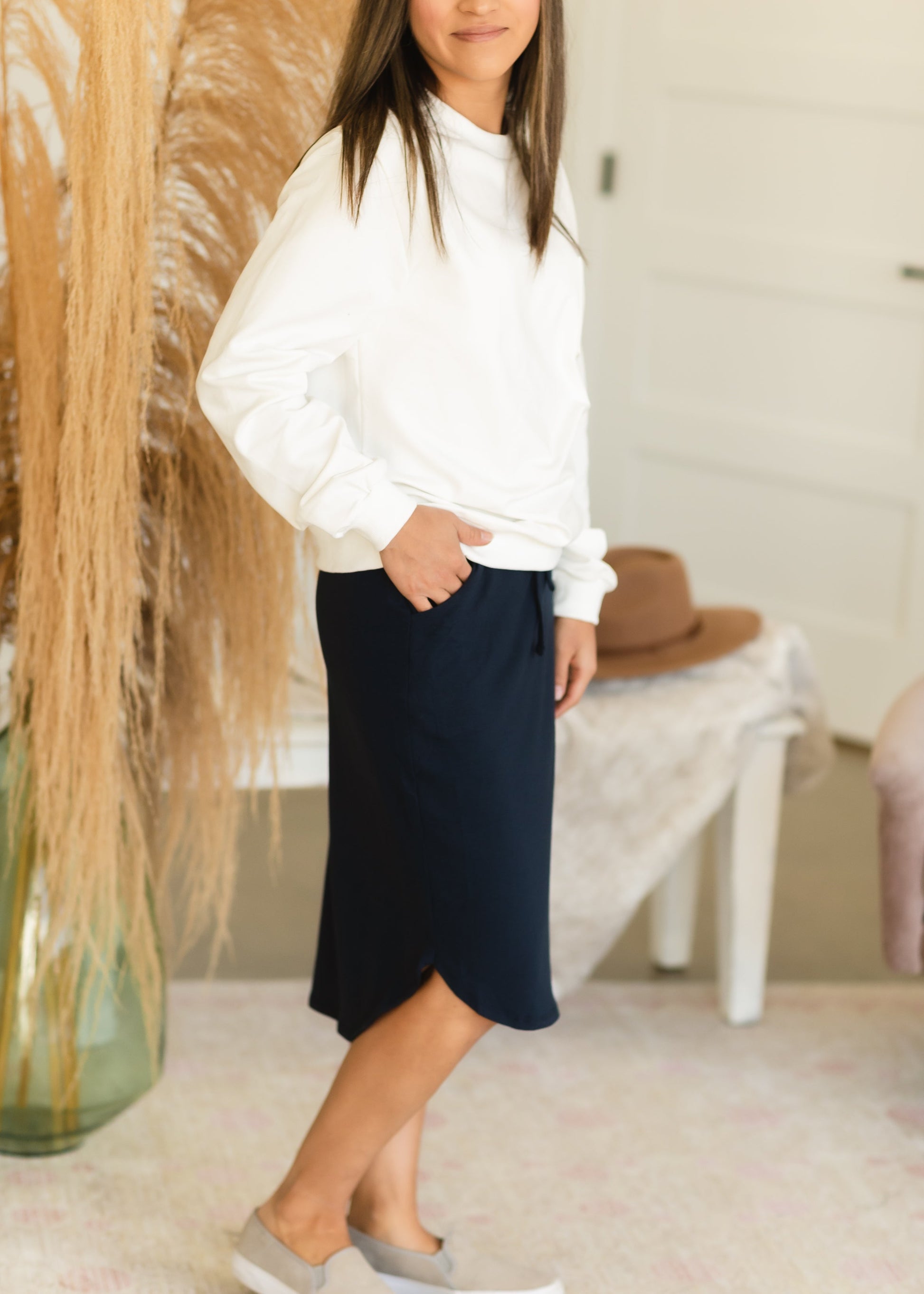 Front Tie Navy Midi Skirt with Pockets Skirts