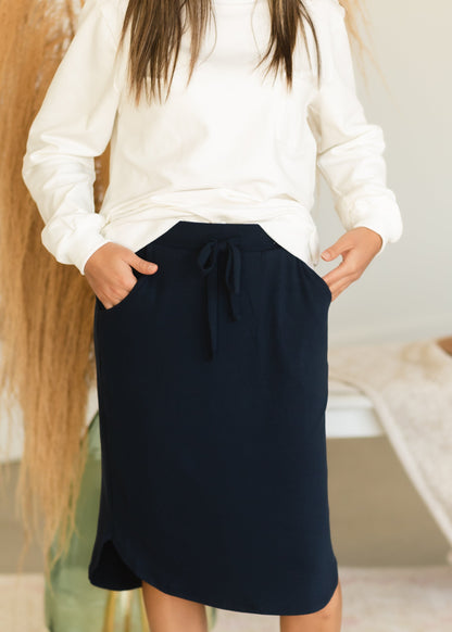 Front Tie Navy Midi Skirt with Pockets Skirts