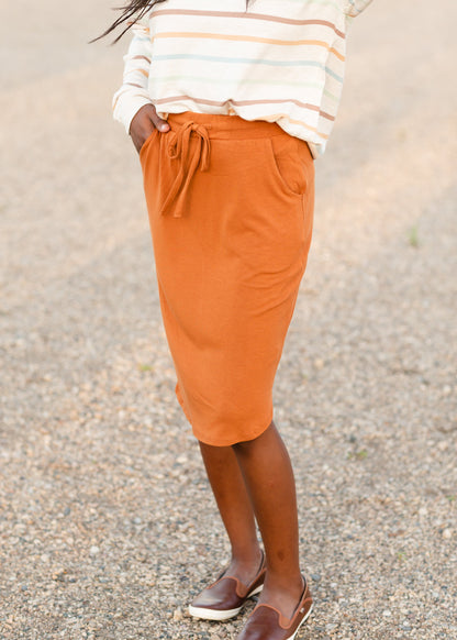 Front Tie Orange Midi Skirt with Pockets Skirts