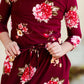 Girls Modest Floral Cinch Waist Navy and Burgandy Midi Dress
