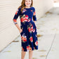 Girls Modest Floral Cinch Waist Navy and Burgandy Midi Dress