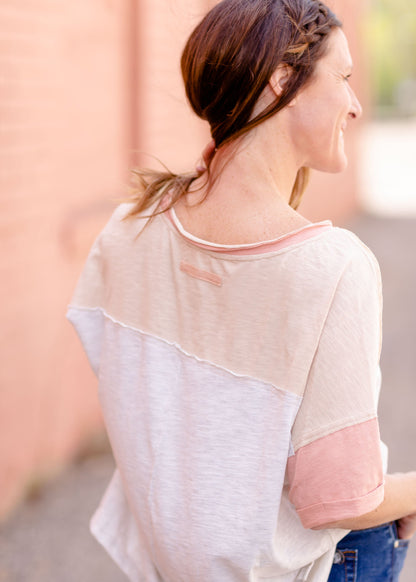 Garment Wash Color Block Tee Tops