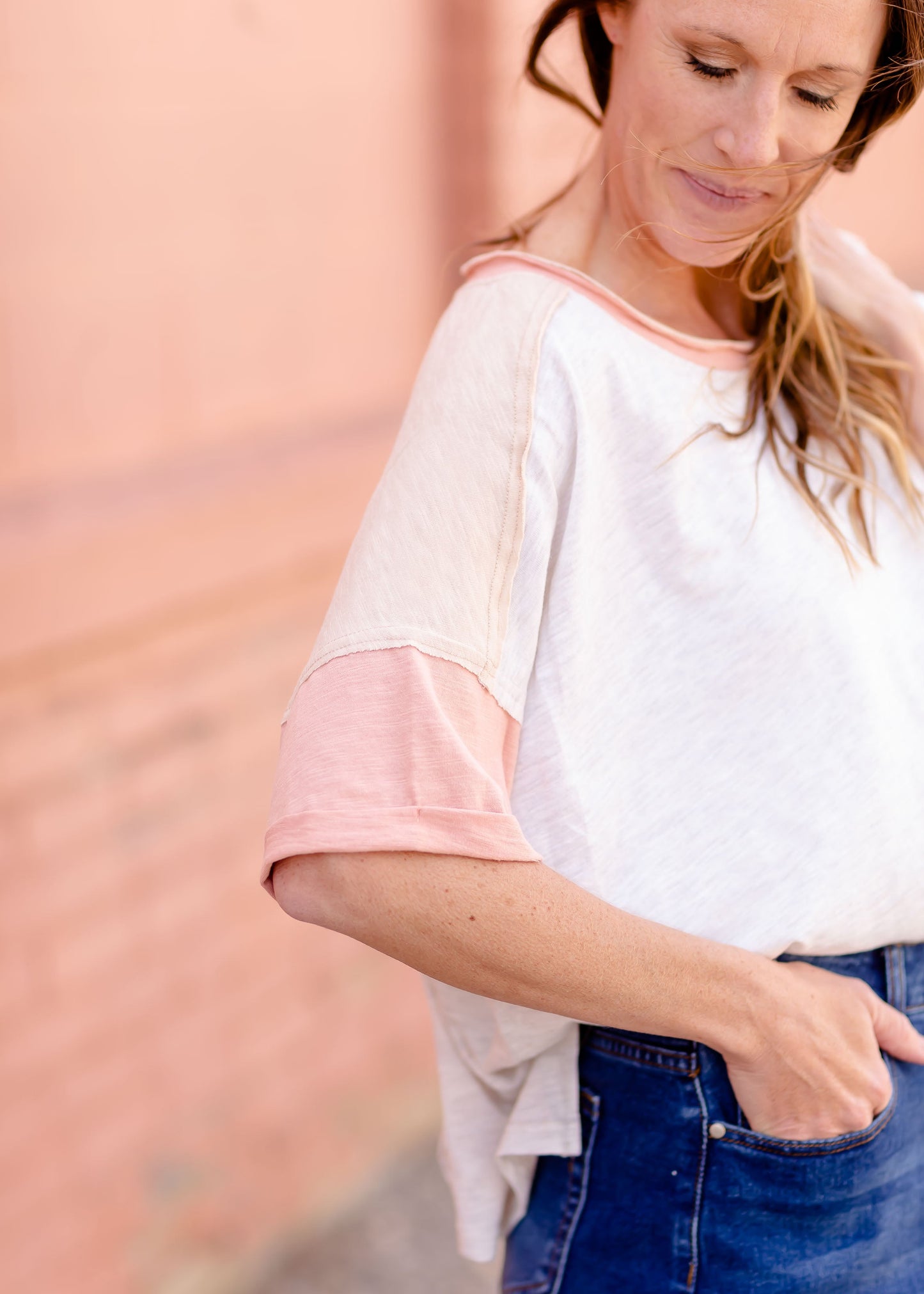 Garment Wash Color Block Tee Tops