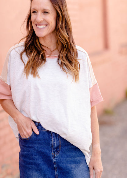 Garment Wash Color Block Tee Tops