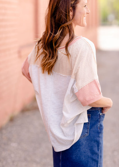 Garment Wash Color Block Tee Tops
