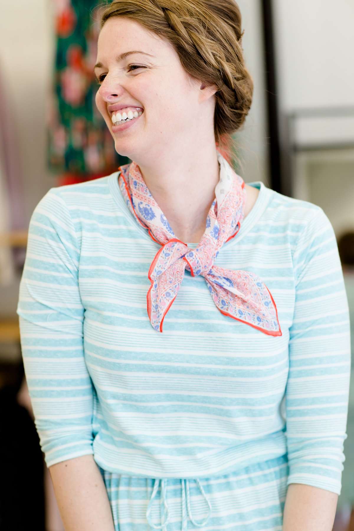 Floral and geometric print, orange and blue bandana scarves