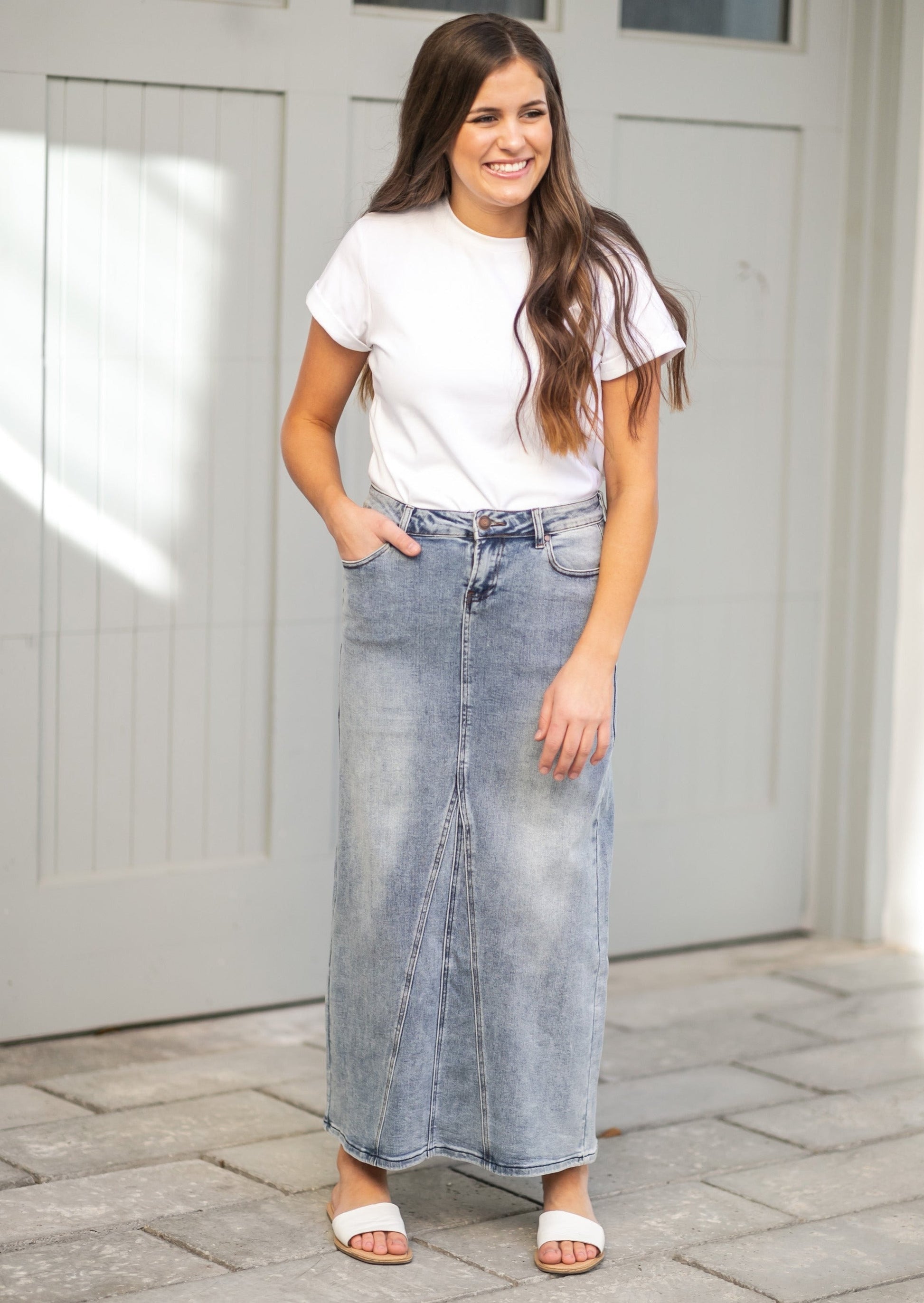 Genevive A-Line Light Wash Denim Maxi Skirt Skirts