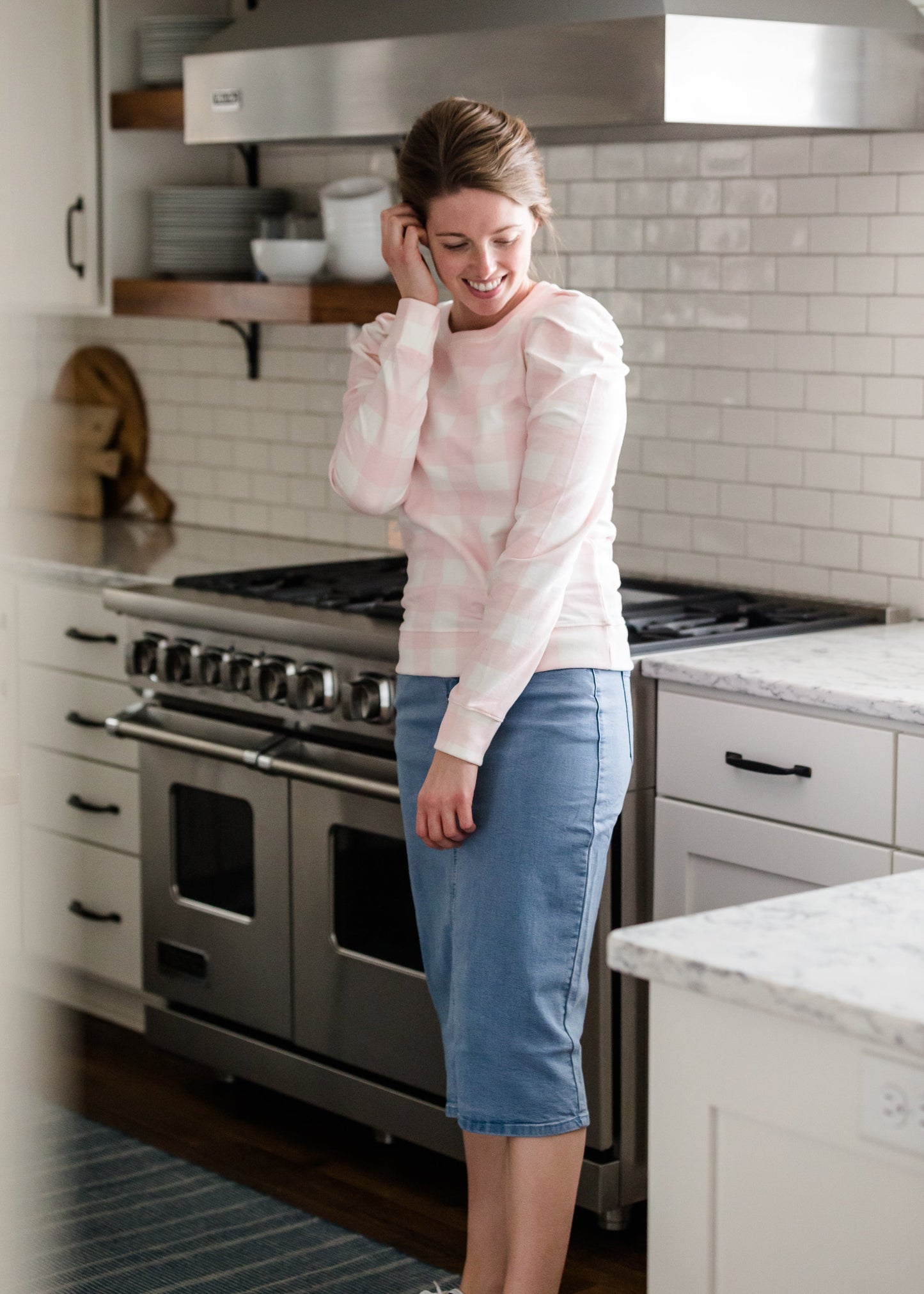 Gingham Blush Shirred Sleeve Sweater - FINAL SALE Tops