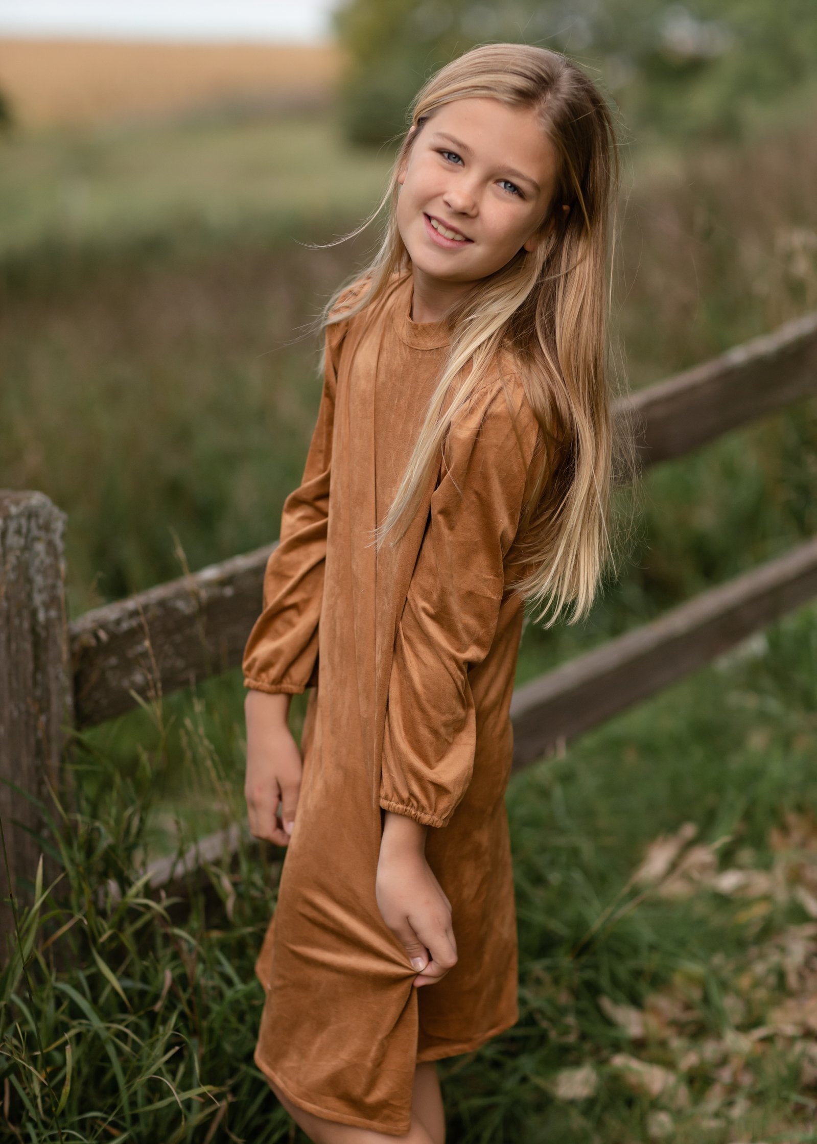 Girls Camel Gathered Puff Shoulder Suede Midi Dress Girls Hayden Los Angeles