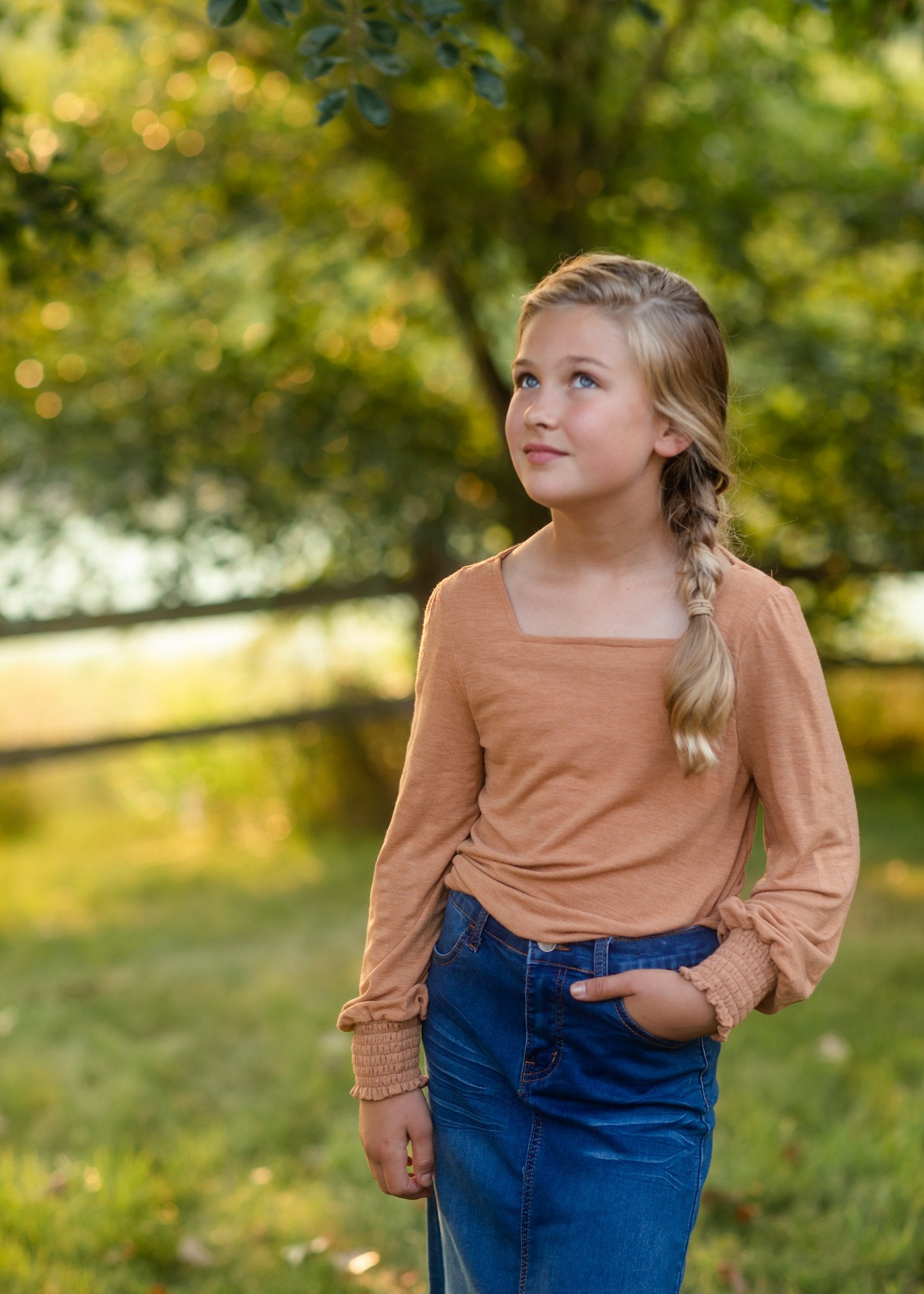 Girls Camel Square Neck Smocked Cuff Knit Top Girls Hayden Los Angeles
