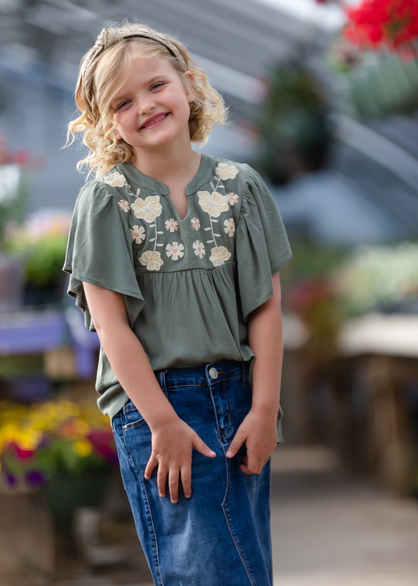 Girls Floral Embroidered Ruffle Sleeve Top - FINAL SALE Tops