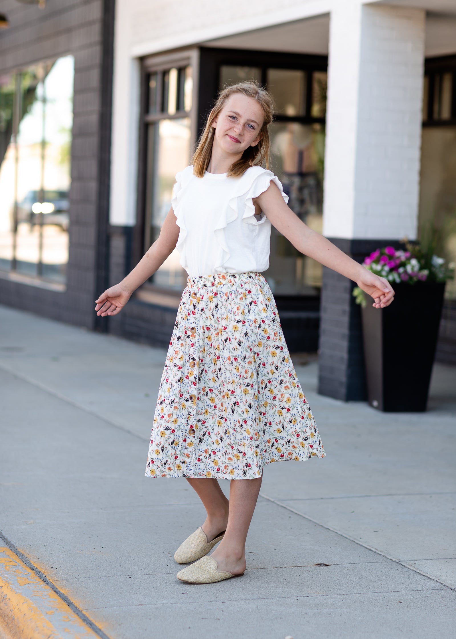 Girls Ivory Bright Floral Midi Skirt Skirts