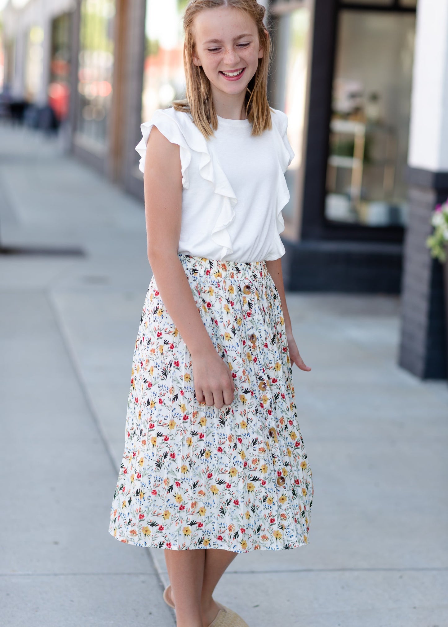 Girls Ivory Bright Floral Midi Skirt Skirts