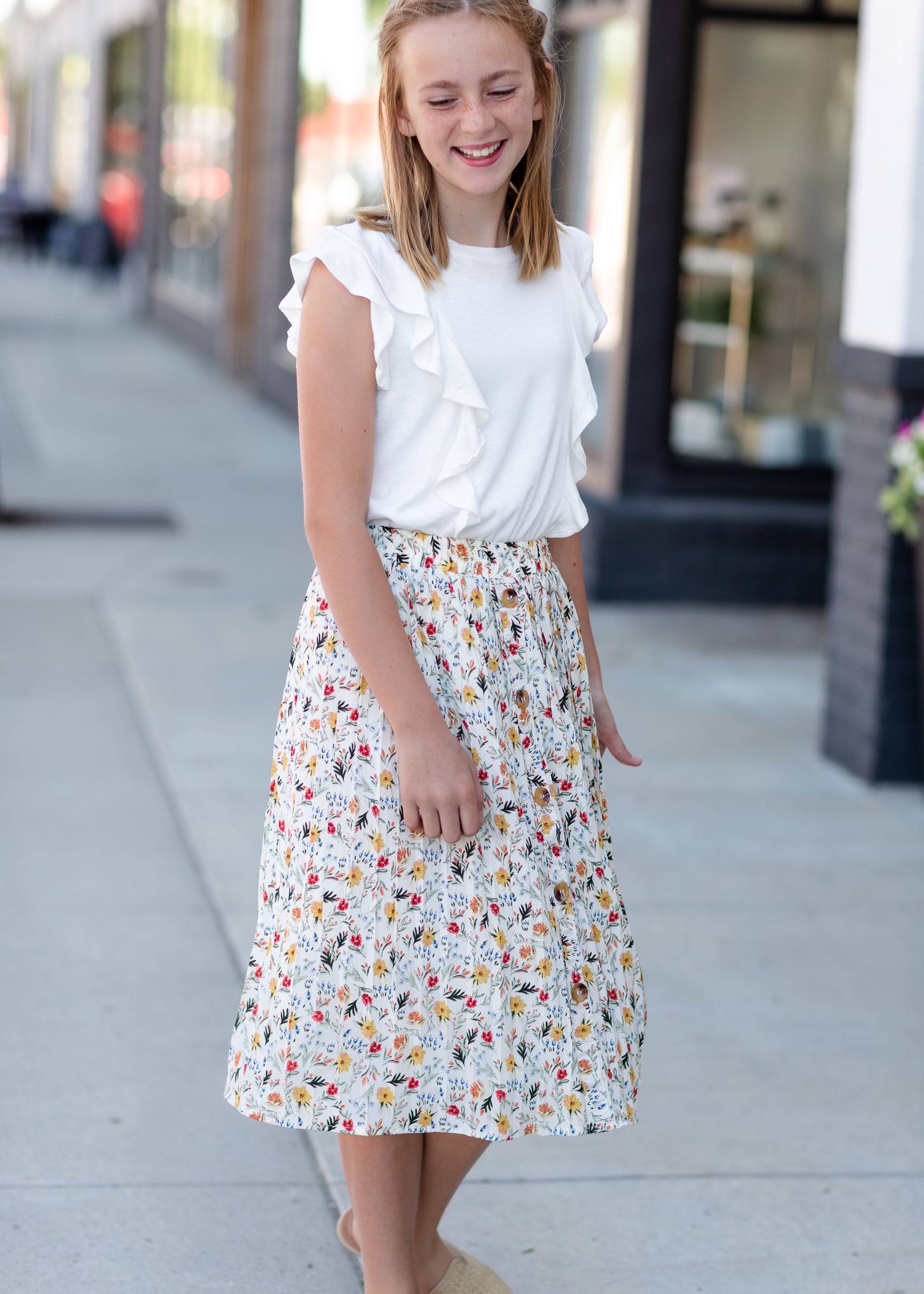Girls Ivory Bright Floral Midi Skirt Skirts