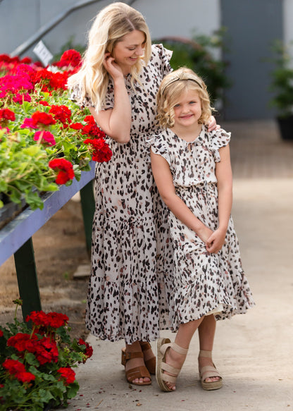 Girls Leopard Print Flutter Sleeve Midi Dress Girls