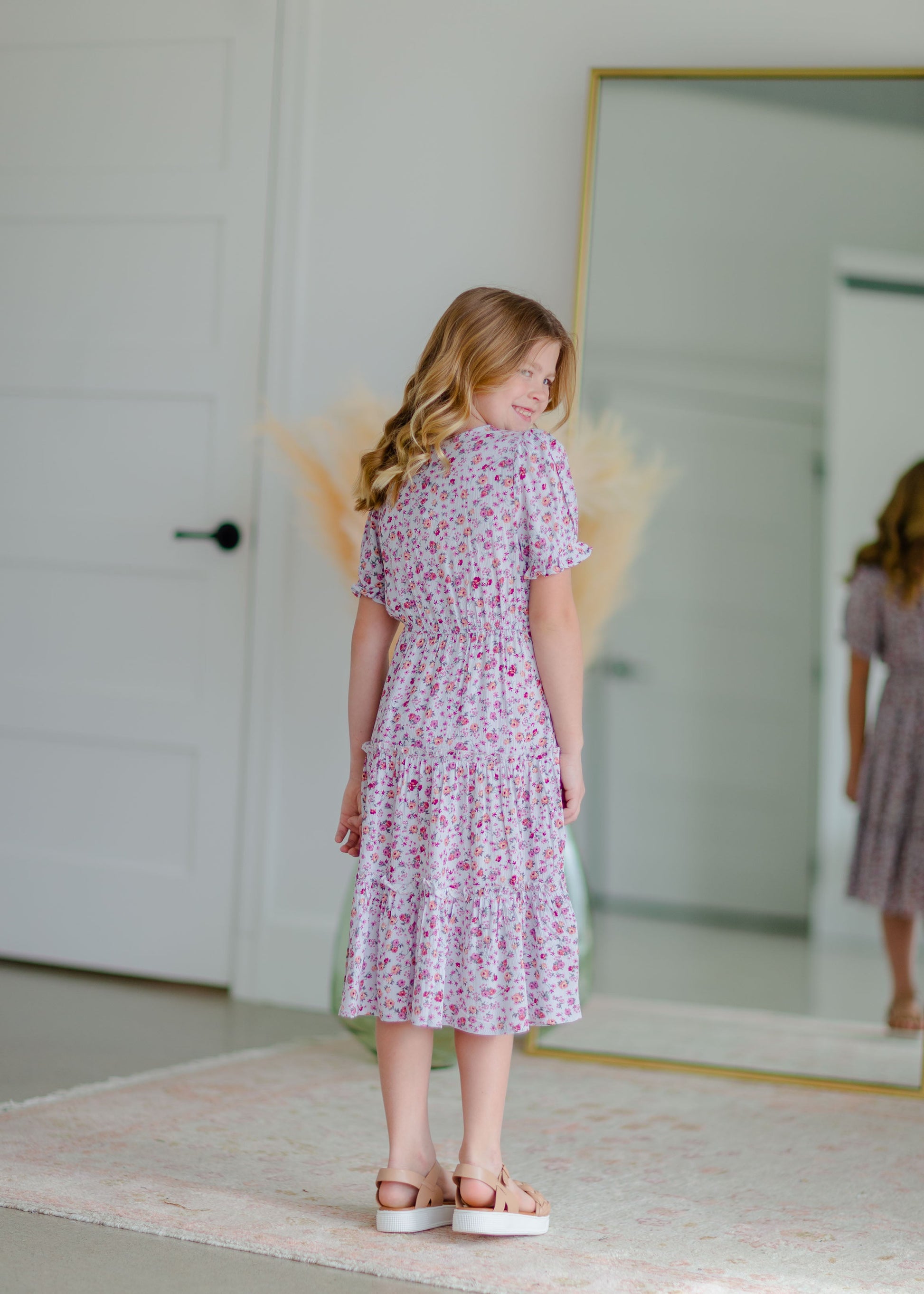 Girls Lilac Button Up Ruffle Sleeve Tiered Dress Girls Hayden