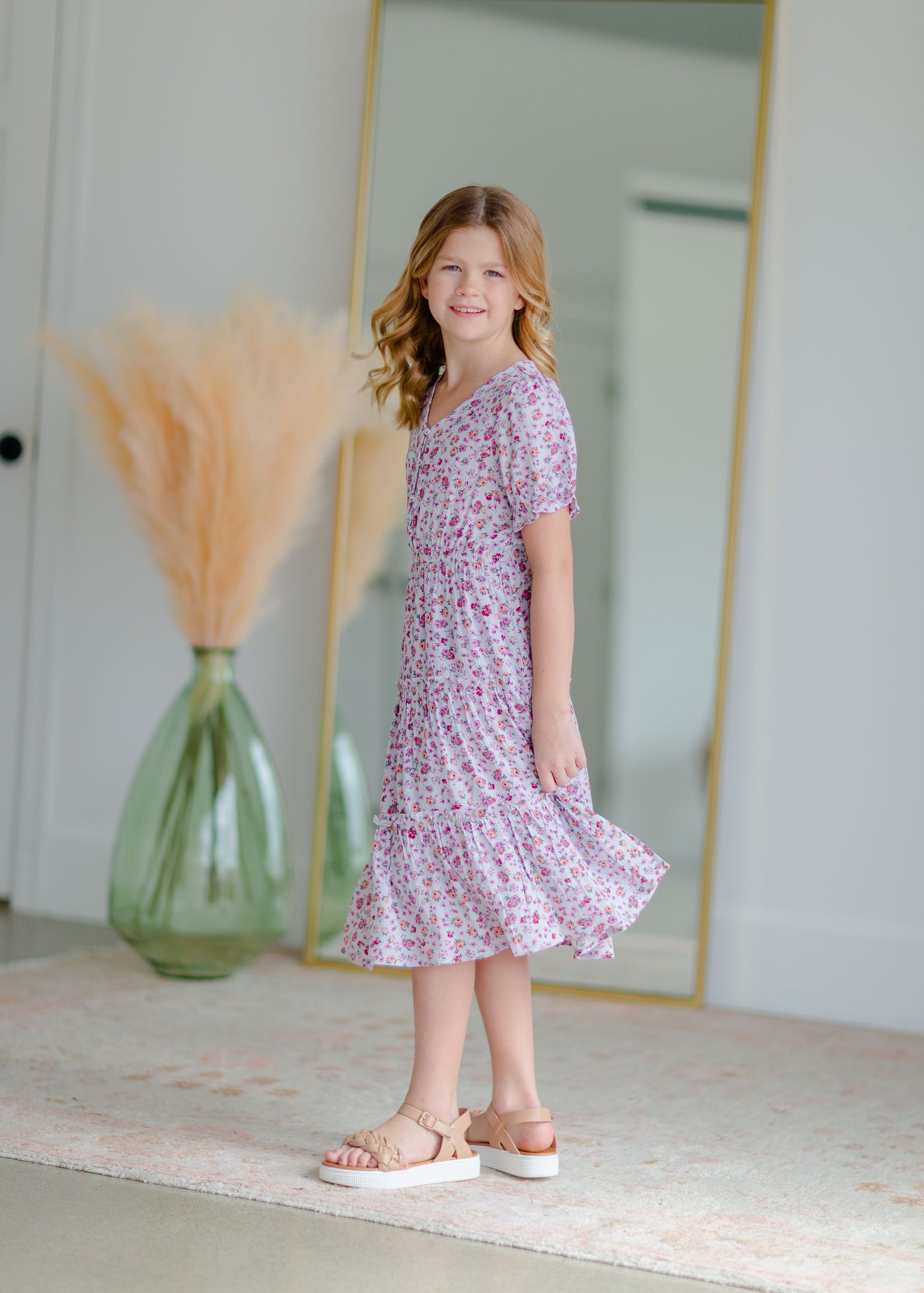 Girls Lilac Button Up Ruffle Sleeve Tiered Dress Girls Hayden