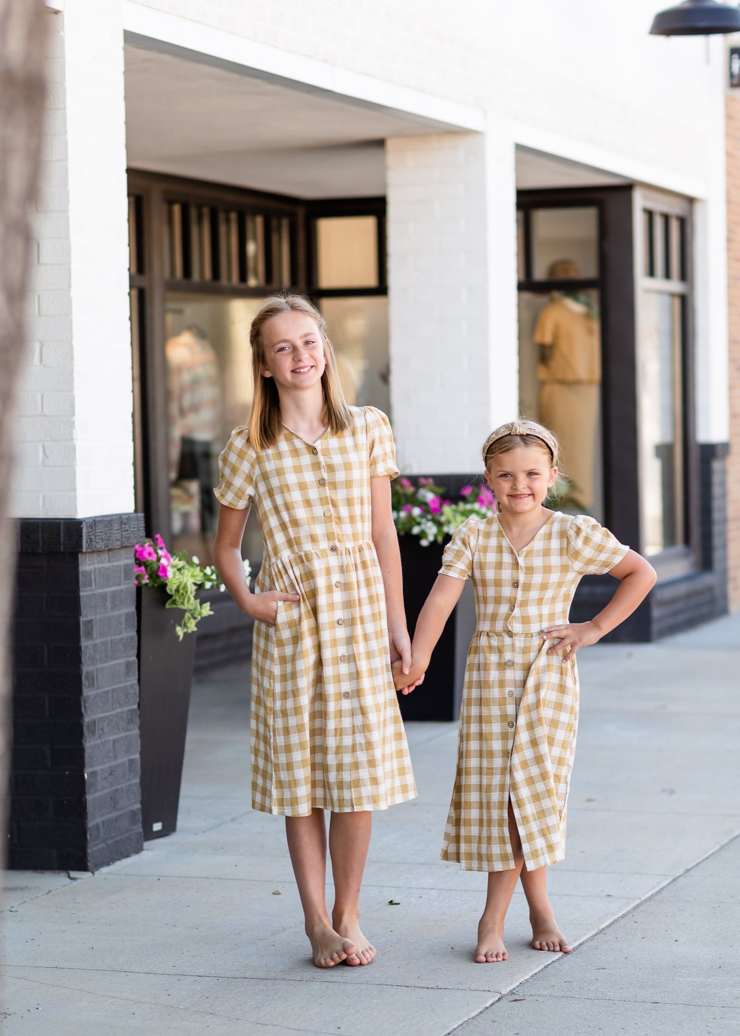 Girls Mustard Checkered Midi Dress Dresses