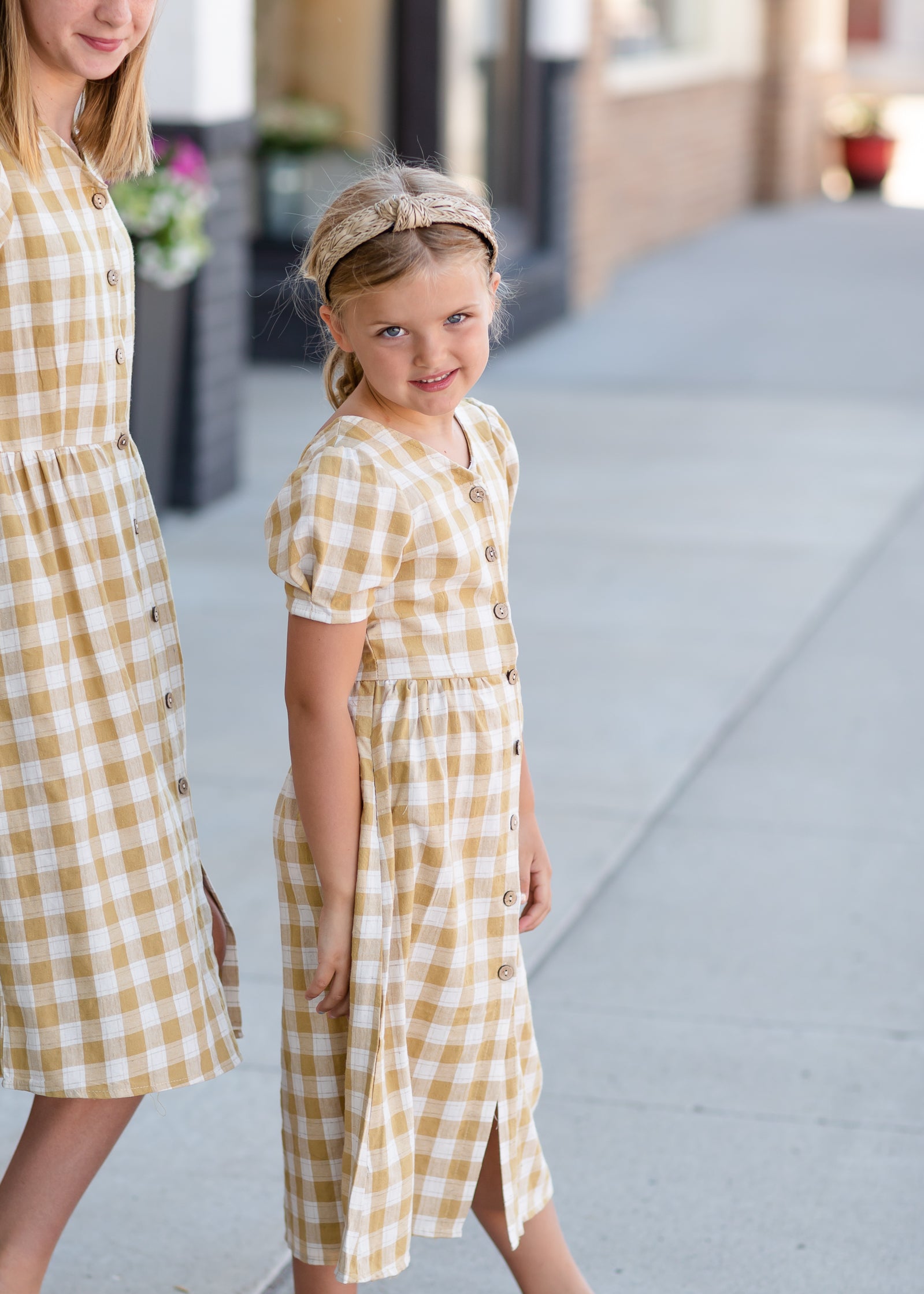Girls Mustard Checkered Midi Dress Dresses