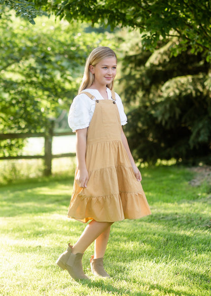 Girls Mustard Corduroy Tiered Overall Dress Girls Hayden Los Angeles