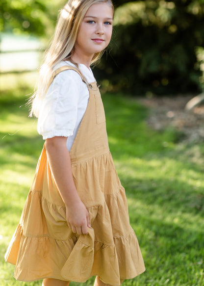 Girls Mustard Corduroy Tiered Overall Dress Girls Hayden Los Angeles