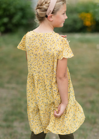 Girls Mustard Floral Buttoned Midi Dress Dresses Hayden