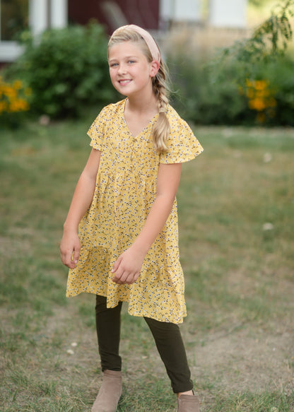 Girls Mustard Floral Buttoned Midi Dress Dresses Hayden