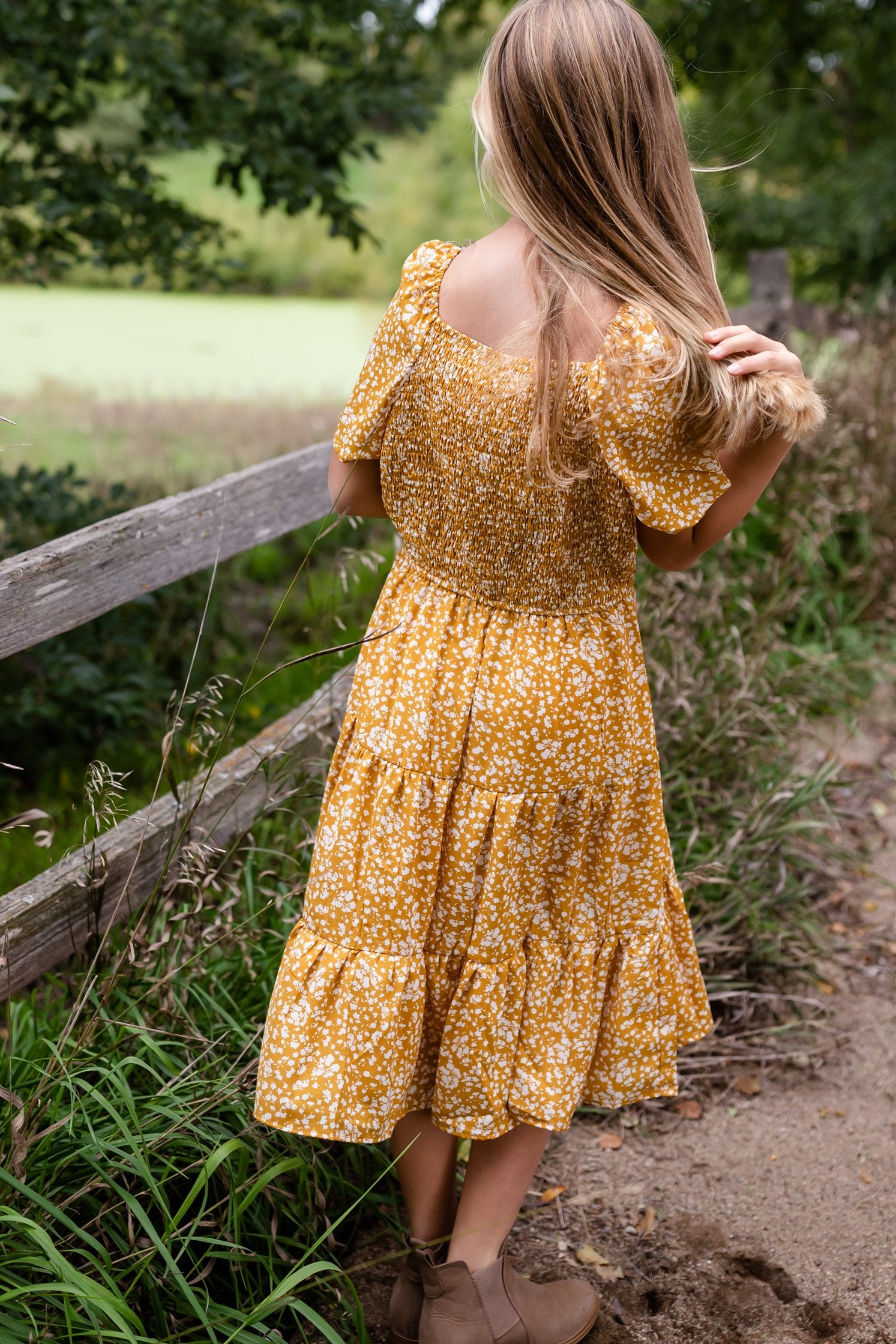 Girls Mustard Floral Smocked Short Sleeve Tiered Midi Dress Girls Hayden Los Angeles