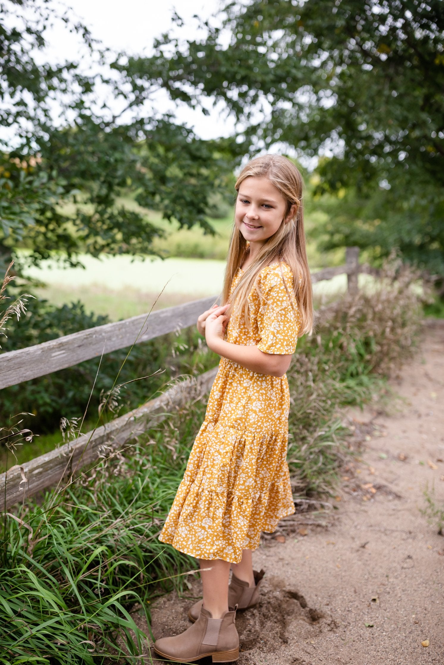 Girls Mustard Floral Smocked Short Sleeve Tiered Midi Dress Girls Hayden Los Angeles