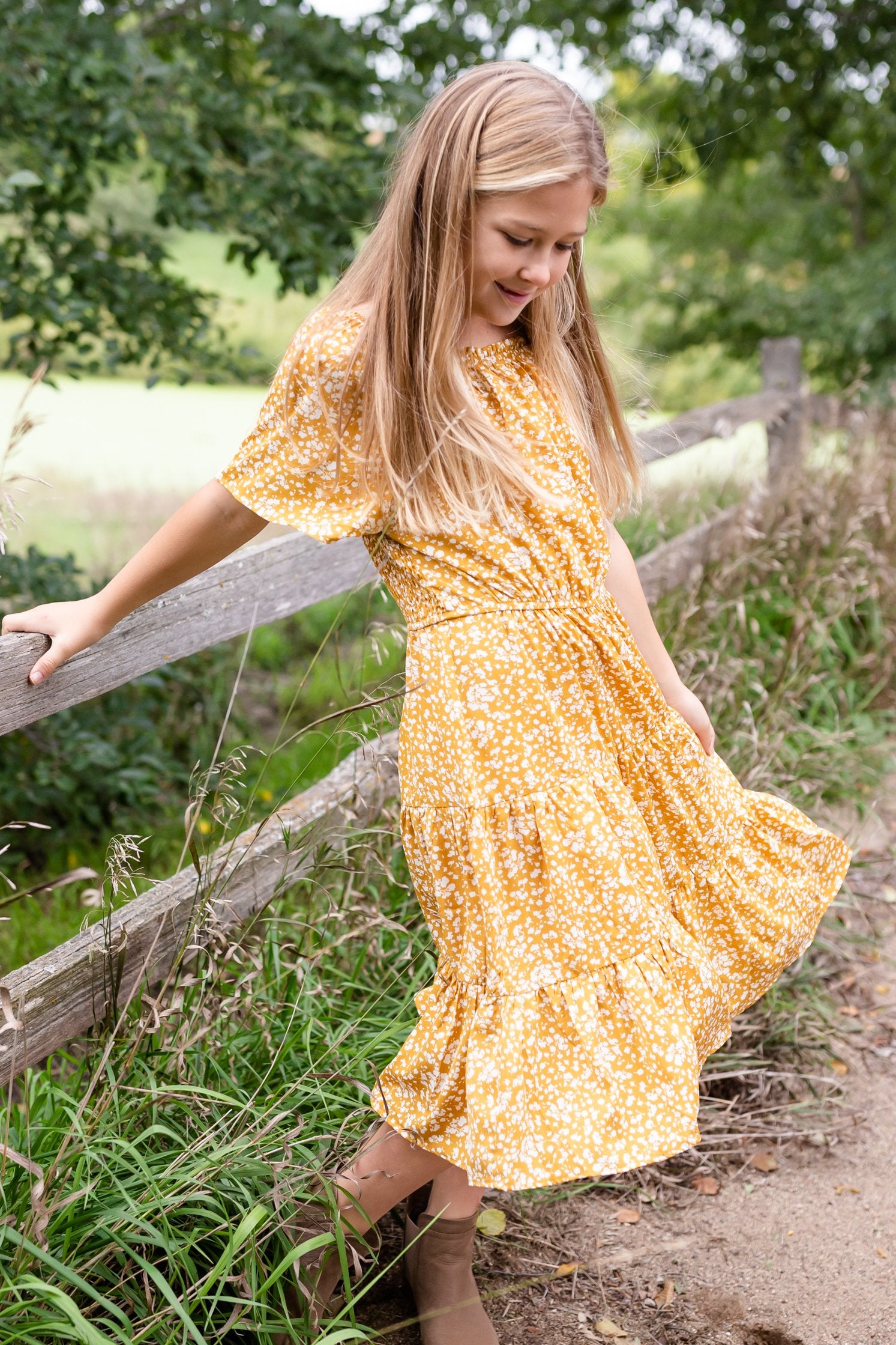 Girls Mustard Floral Smocked Short Sleeve Tiered Midi Dress Girls Hayden Los Angeles