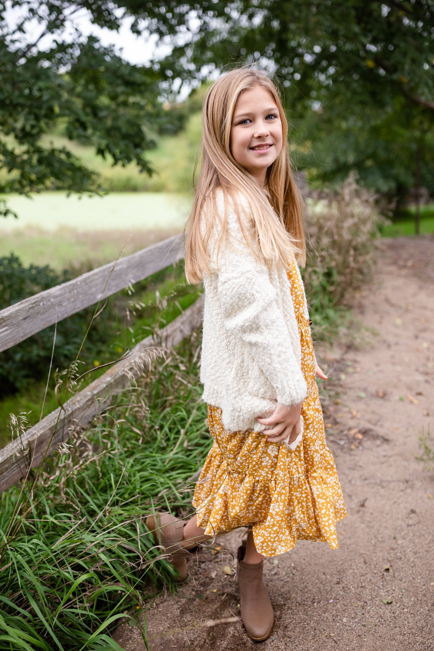 Girls Mustard Floral Smocked Short Sleeve Tiered Midi Dress Girls Hayden Los Angeles