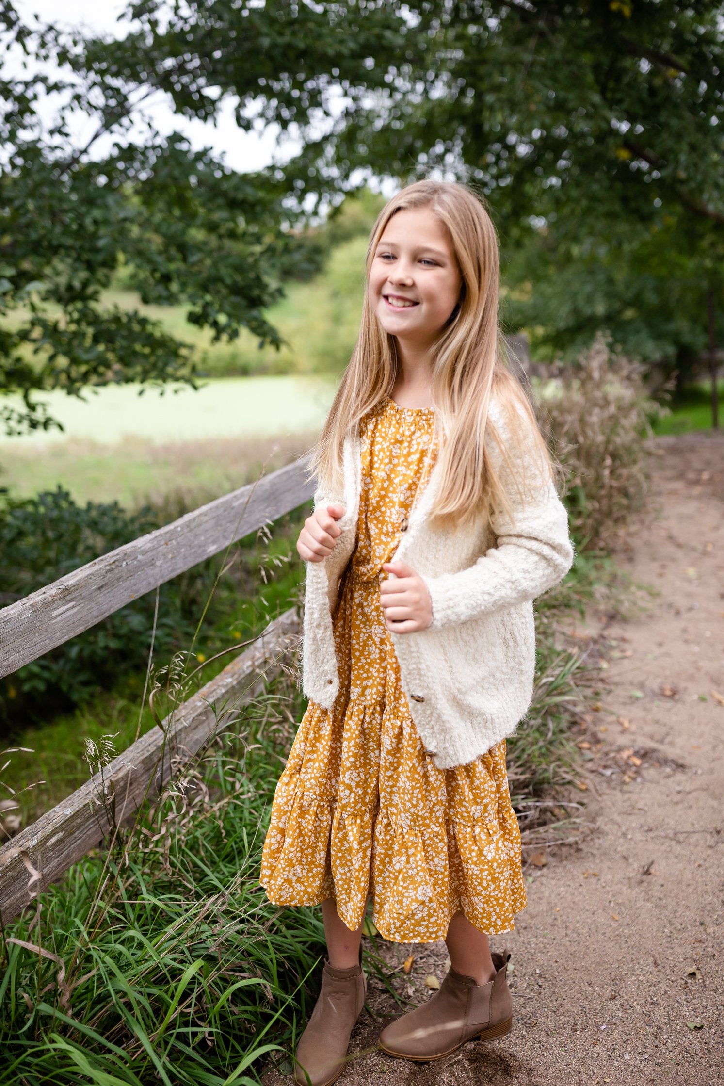 Girls Mustard Floral Smocked Short Sleeve Tiered Midi Dress Girls Hayden Los Angeles