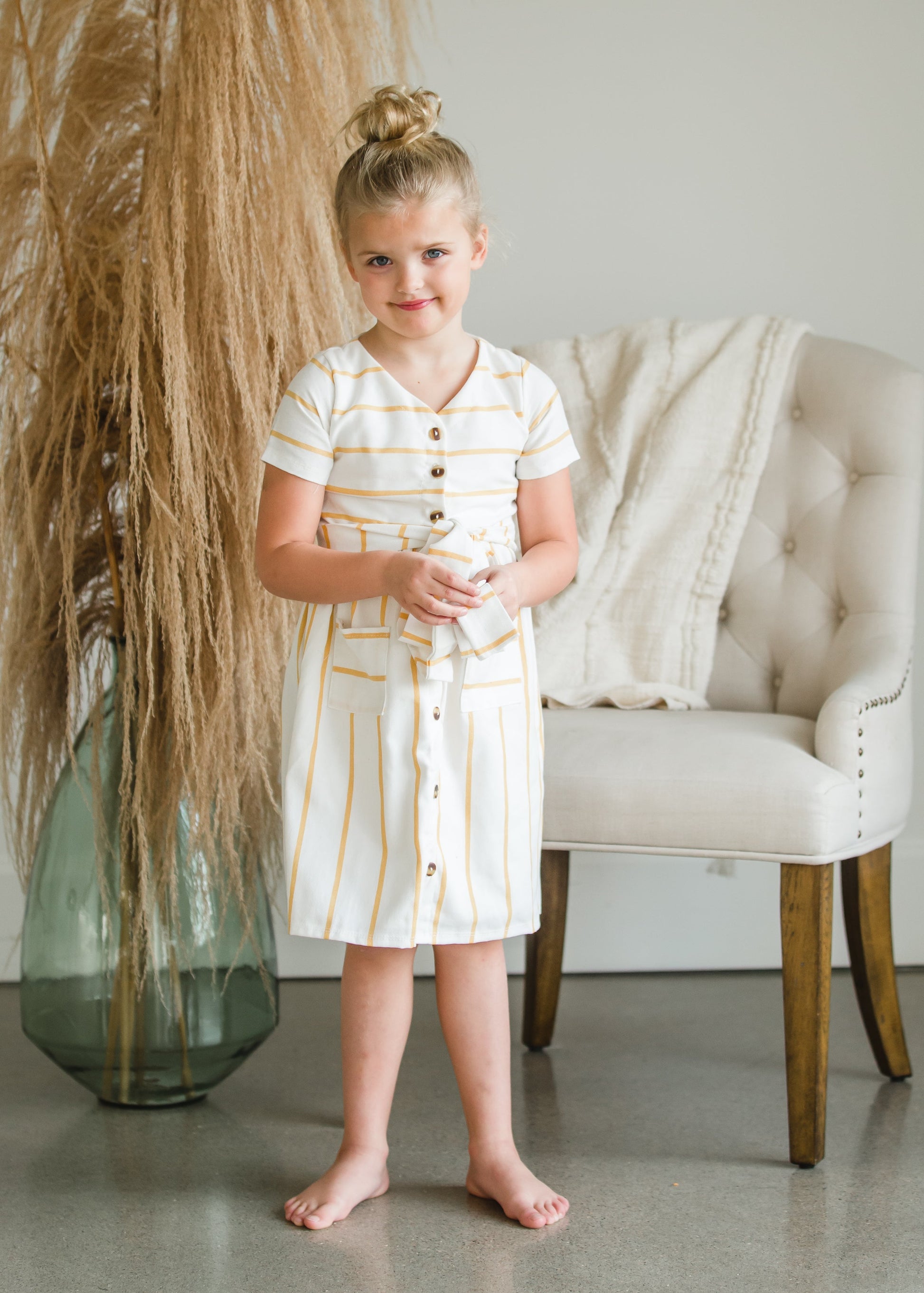 Girls Mustard Striped Button Front Midi Dress - FINAL SALE Dresses