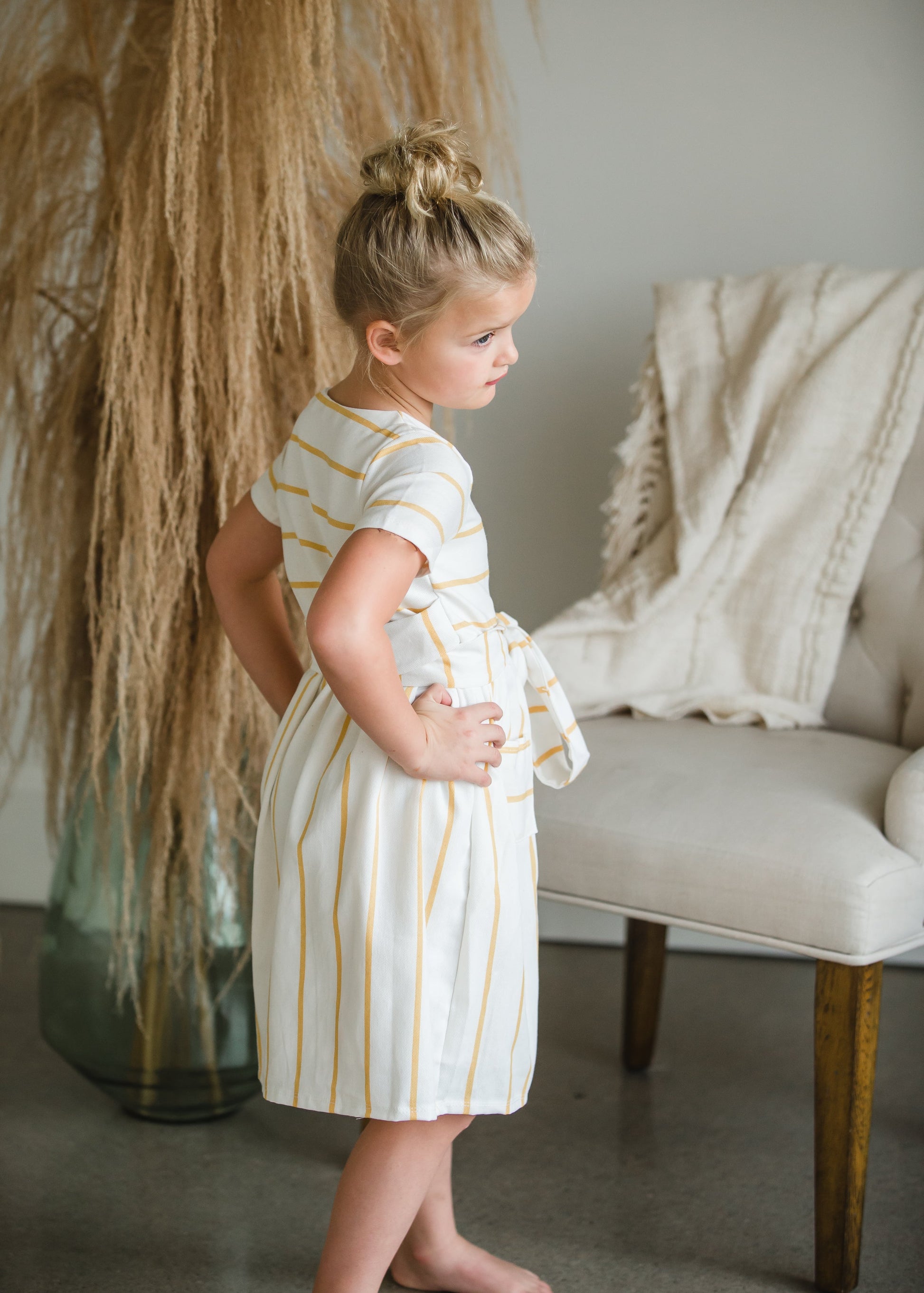 Girls Mustard Striped Button Front Midi Dress - FINAL SALE Dresses