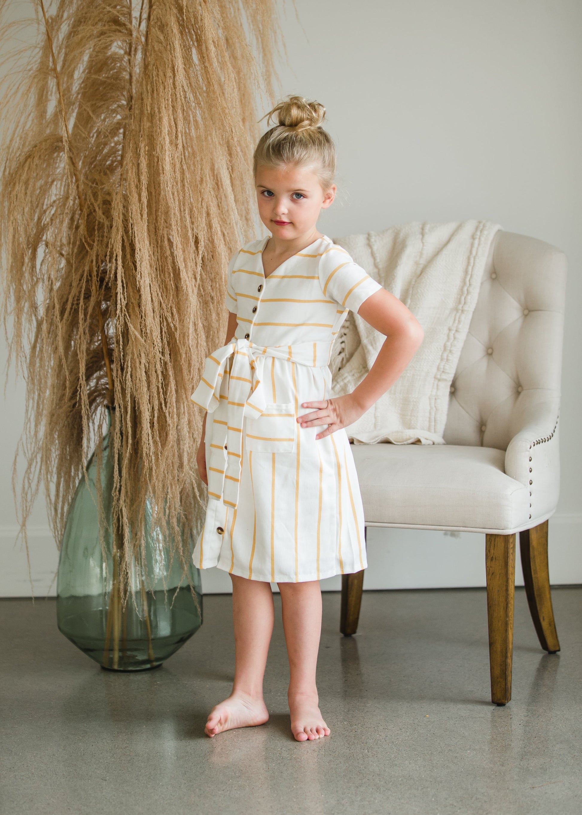 Girls Mustard Striped Button Front Midi Dress - FINAL SALE Dresses