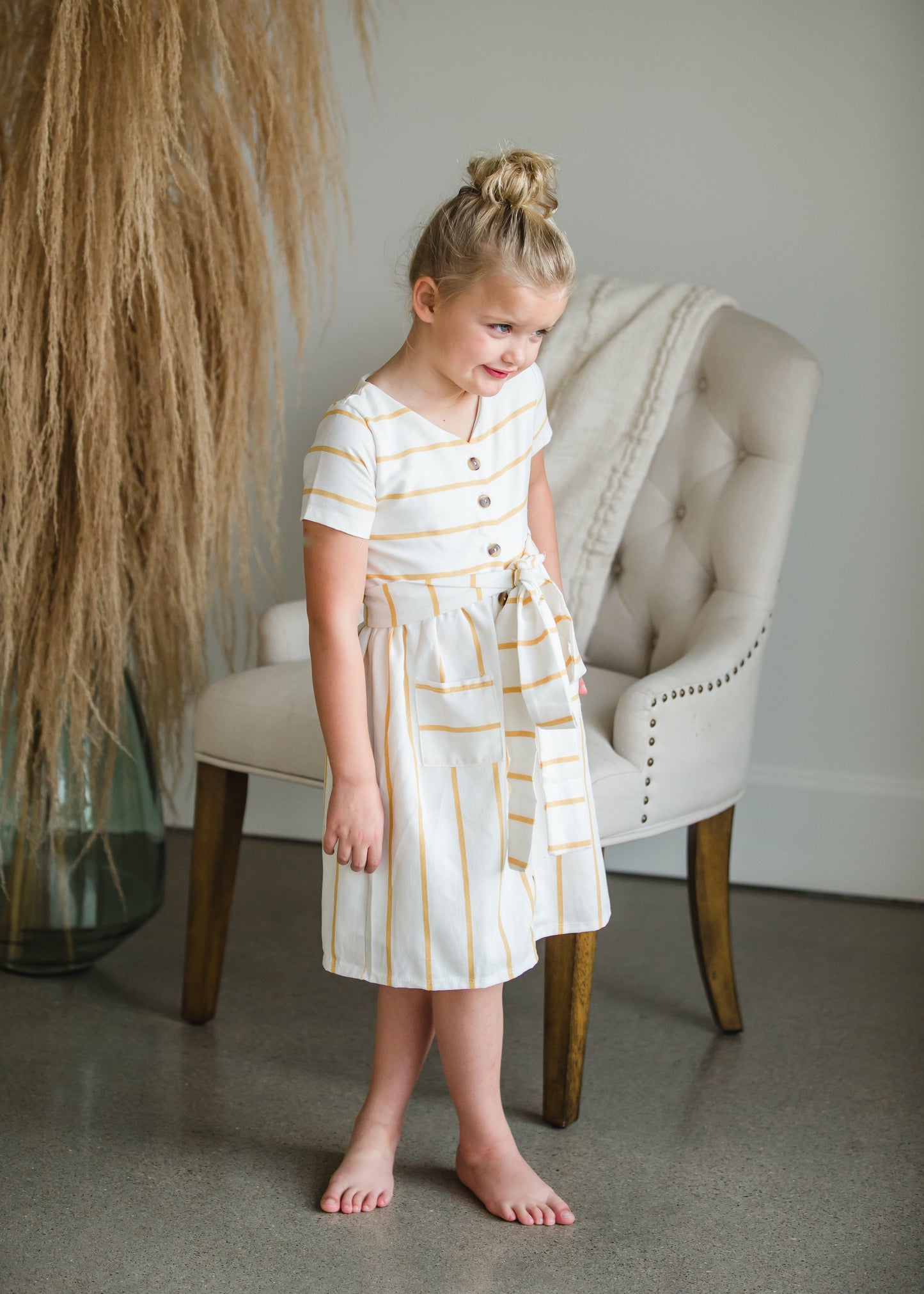 Girls Mustard Striped Button Front Midi Dress - FINAL SALE Dresses