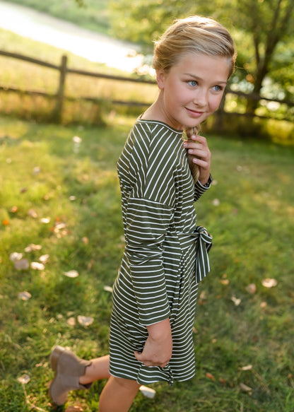 Girls Olive Striped Knit Mini Dress with Belt Dresses hayden