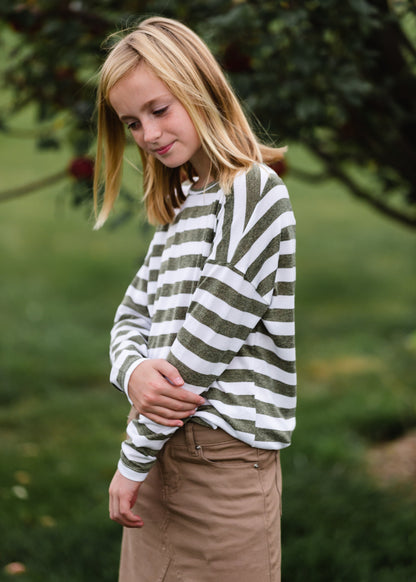 Girls Olive Striped Long Sleeve Top Shirt